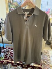 Burberry London Men Polo Cotton Shirt Check Placket Classic Fit MED Loch Brown