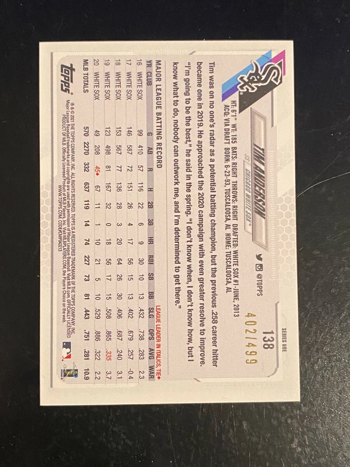 2021 Topps Series 1 Green Ice Foil #138 Tim Anderson Serial #/499 - Image 2 of 2