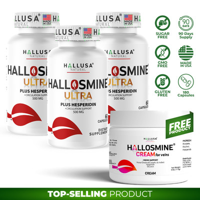 Hallosmine Ultra Diosmin Hesperidin 650mg 180 ct + FREE Varicose Veins Cream 4oz