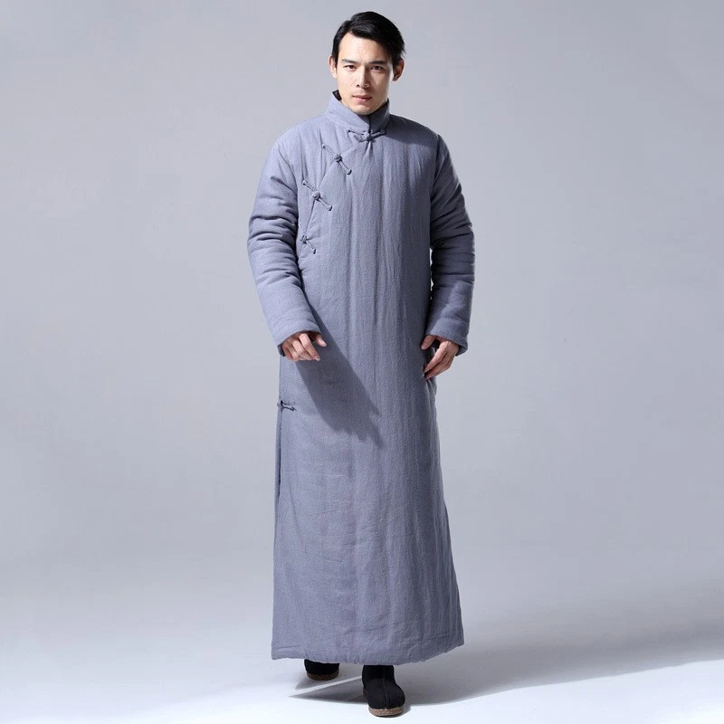 Winter Warm Chinese Style Men's Cotton Linen Long Robe Thick Warm Long Jackets - Image 3 of 4