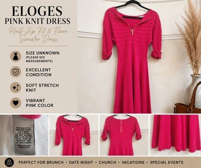 Eloges Women's Pink Knit Sweater Dress Fit & Flare 3/4 Sleeve Zip Knee