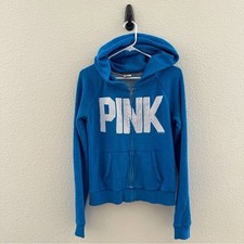 Victoria's Secret PINK Zip Up Hoodie Women Small Blue Love Graphic Logo