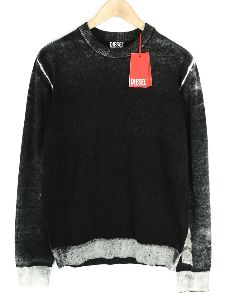 DIESEL K-Larence Men Jumper L Black Washed Effect Crew Neck Cotton Knitt RRP225 - Image 2 of 4