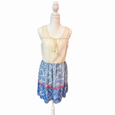 As U Wish Womens Small Boho Lace Floral Mini Dress Blue Cream Festival Sundress