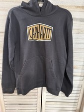 Carhartt Boys Pullover Hoodie L 14/16 Black Graphic Logo Fleece Pockets