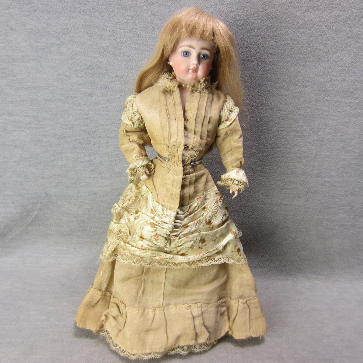 Antique German Bisque Doll 12” Closed Mouth Pierced Ear Leather