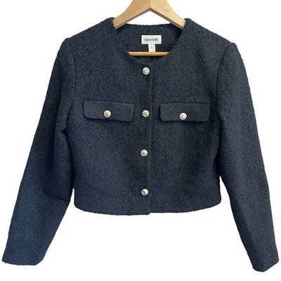 Open Edit Women's Black Button Lined Short Cropped Jacket Long Sleeve S