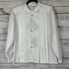 Womens VTG 80s Shapely White Pink Floral Embroidered Satin Secretary Blouse 14