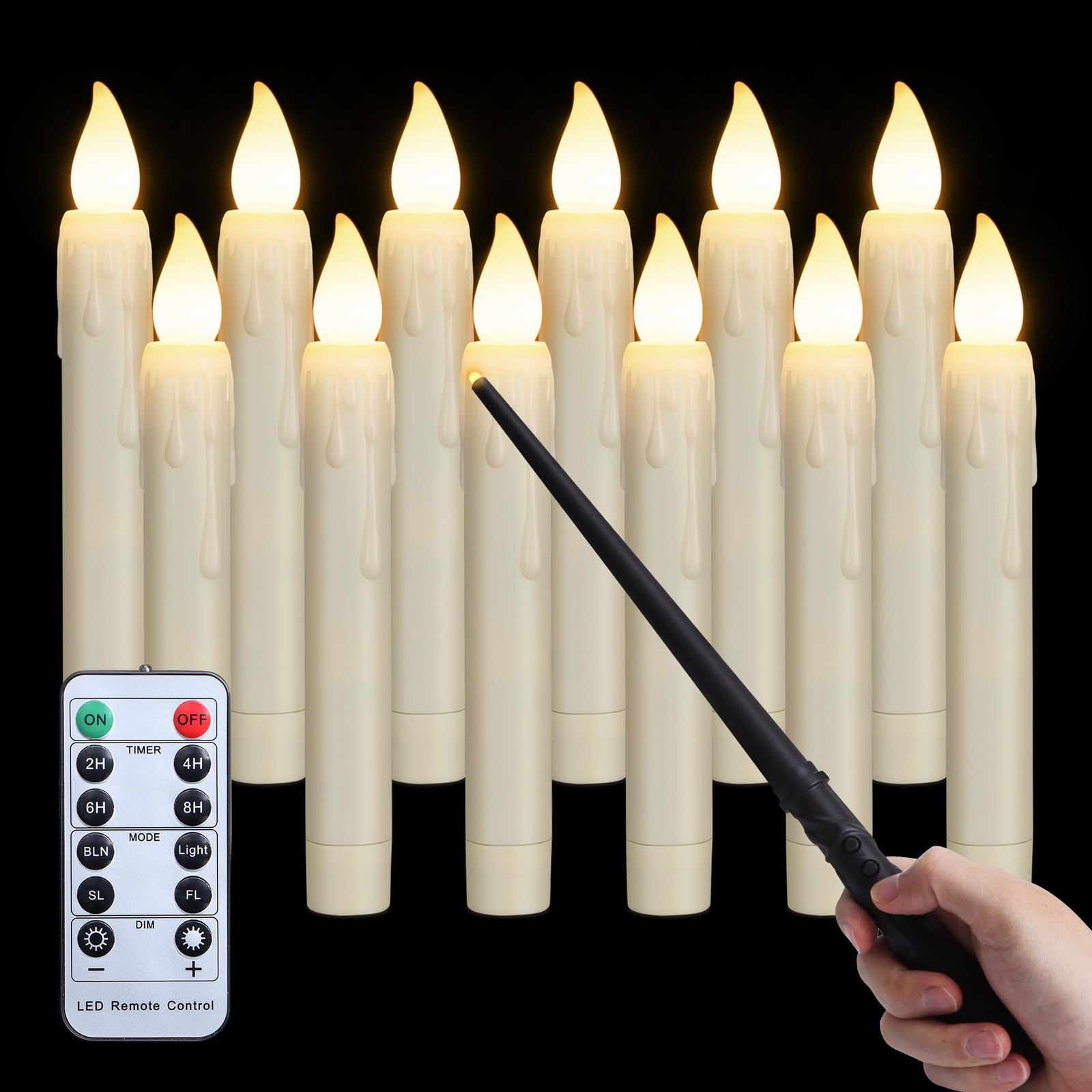 Bougies LED flottantes télécommandables par baguette magique à flamme vacillante