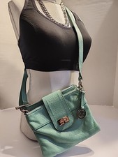 Audrey Brooke Aqua BlueLeather Organizer Flap Crossbody Shoulder Handbag Purse 