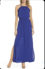 Adrianna Papell Dress Womens 12 Blue Halter Ruffle Maxi Chiffon Side Slit Formal