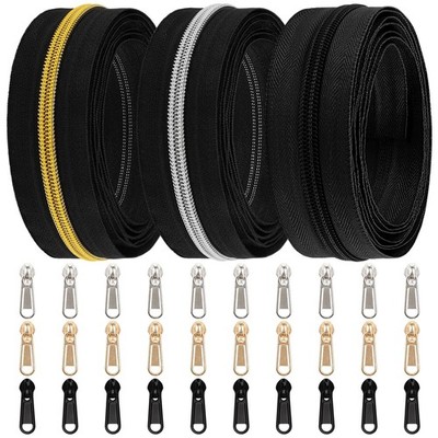 16.5 Yards 3-Piece Black Nylon Coil Zippers, 30 Sliders, Assorted, DIY Craft