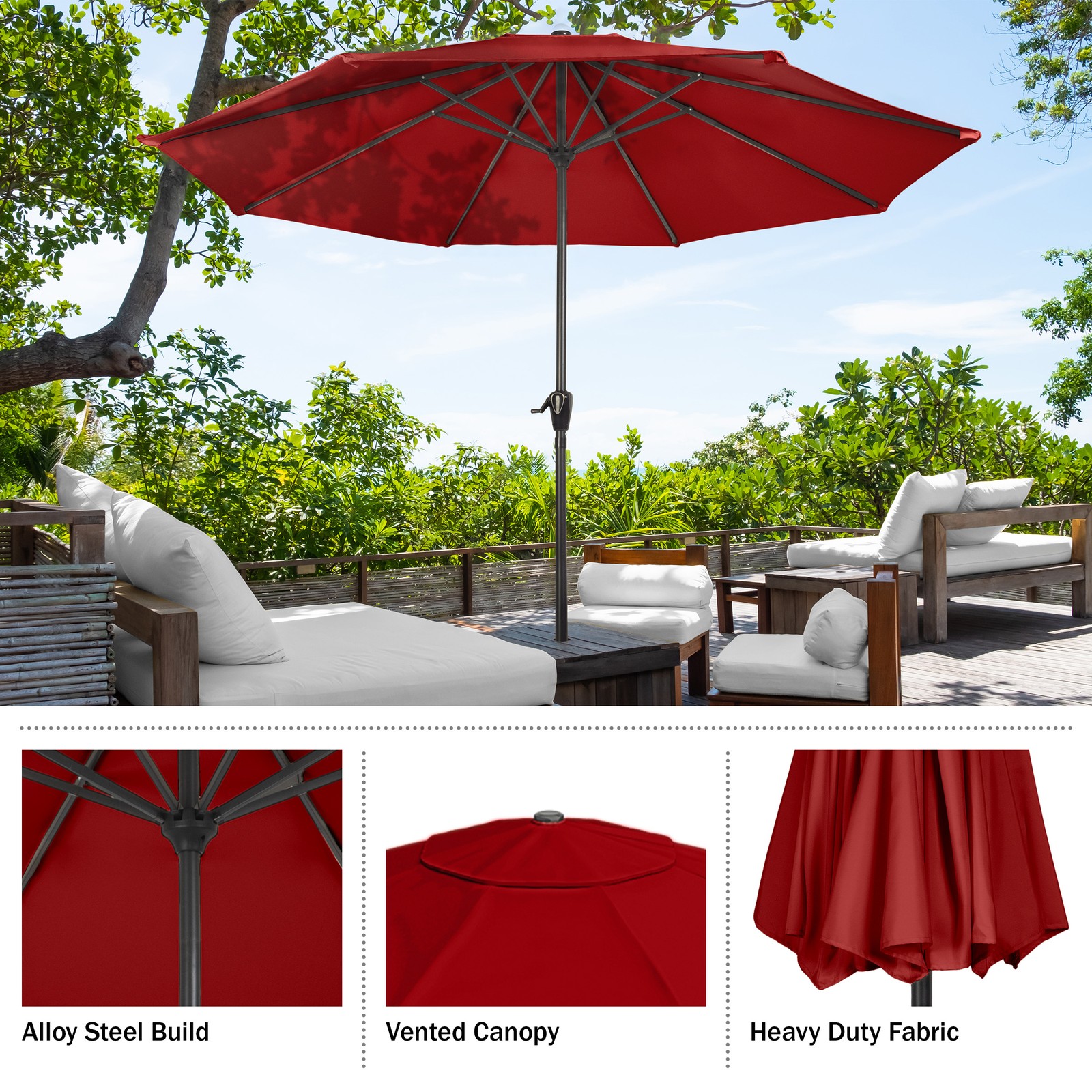 9 Foot Aluminum Pole Patio Umbrella with Crank Red Canopy