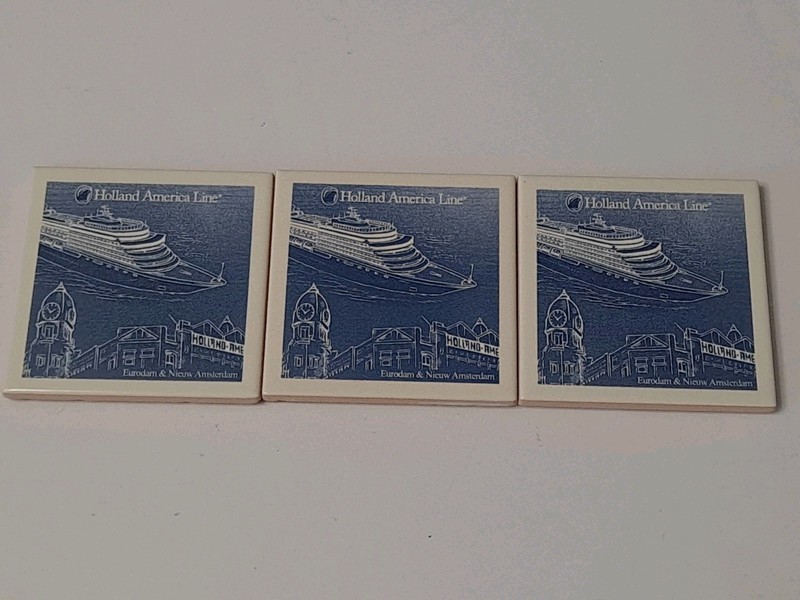 Holland America Line Cruise Delft Coasters 4"x4" Blue Pottery Lot Of 3. New!!!!!