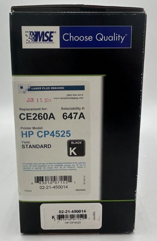 Cartucho de tóner negro MSE repuesto para HP CE260A 647A - negro - sellado Foto 2 de 4