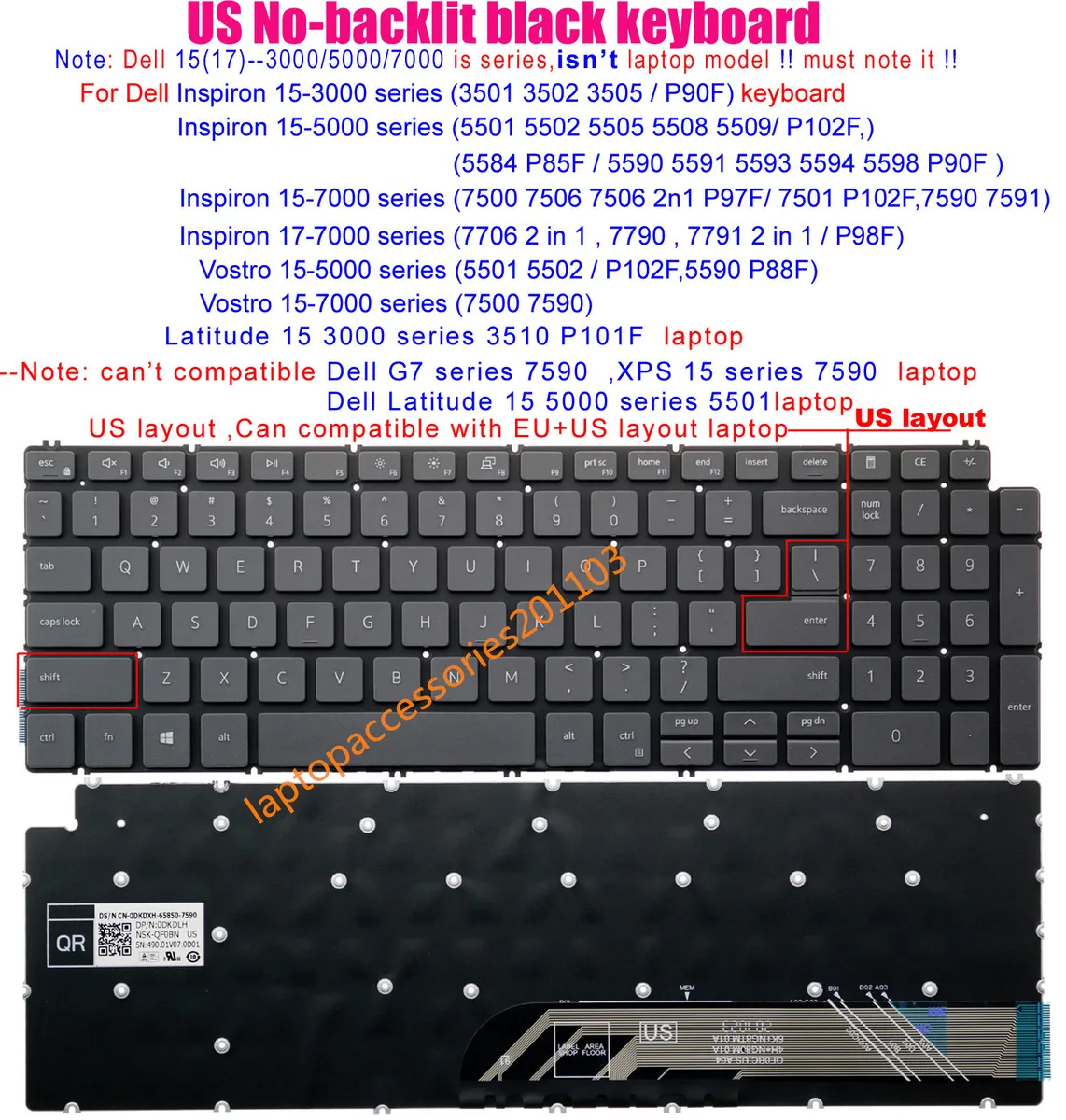 US no-backlit Keyboard for Dell Inspiron 15-3505 P90F 15-5501 5508