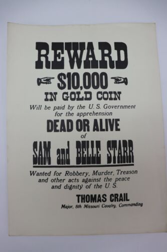 Poster Ricompensa $10.000 in Moneta d'Oro vivi o morti Sam e Belle Starr ogni Z8751 - Foto 1 di 8