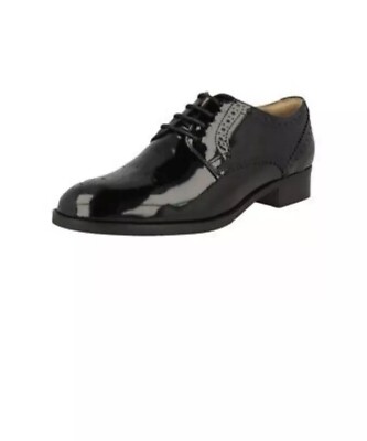 Ladies Clarks Black Patent Leather Brogues Netley Rose D /37 UK