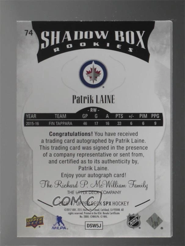 2016-17 SPx Shadow Box Rookies Blue Auto /199 Patrik Laine #74 Rookie Auto RC - Image 2 of 2