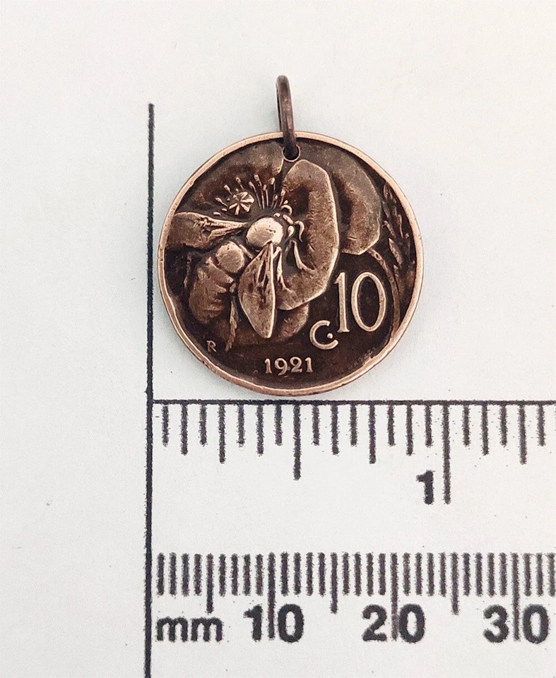 Colgante moneda abeja miel sobre flor, collar moneda abeja Italia vintage - (1920-1937) Foto 4 de 4