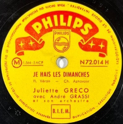 Juliette Gréco singt Charles Aznavour DISC 78 TOURS RPM PHILIPS 72.014