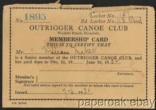 Original 1931 Outrigger Canoe Club Waikiki Beach, Honolulu Membership Card