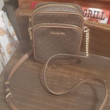 Michael Kors Brown Signature Logo Crossbody Bag Zip Adjustable Strap Gold HW