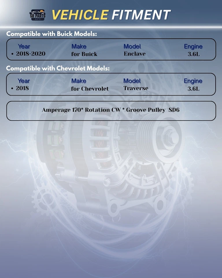 Alternador OEM para Buick Enclave 2018 2019 2020, Chevrolet Traverse 3,6 L 2018 Foto 3 de 4