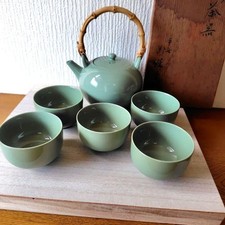 Green Tea Set with Wooden Box, 70s Used Condition, Tea Utensils