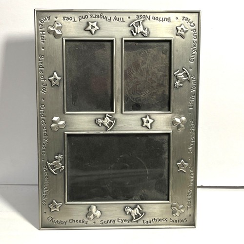 Baby Themed Pewter Triple Photo Frame Nursery Decor by Carr