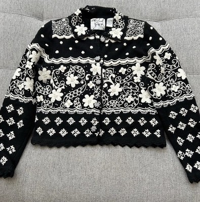 Michael Simon Vintage Embroidered Beaded Cardigan Sweater Black/White, Small