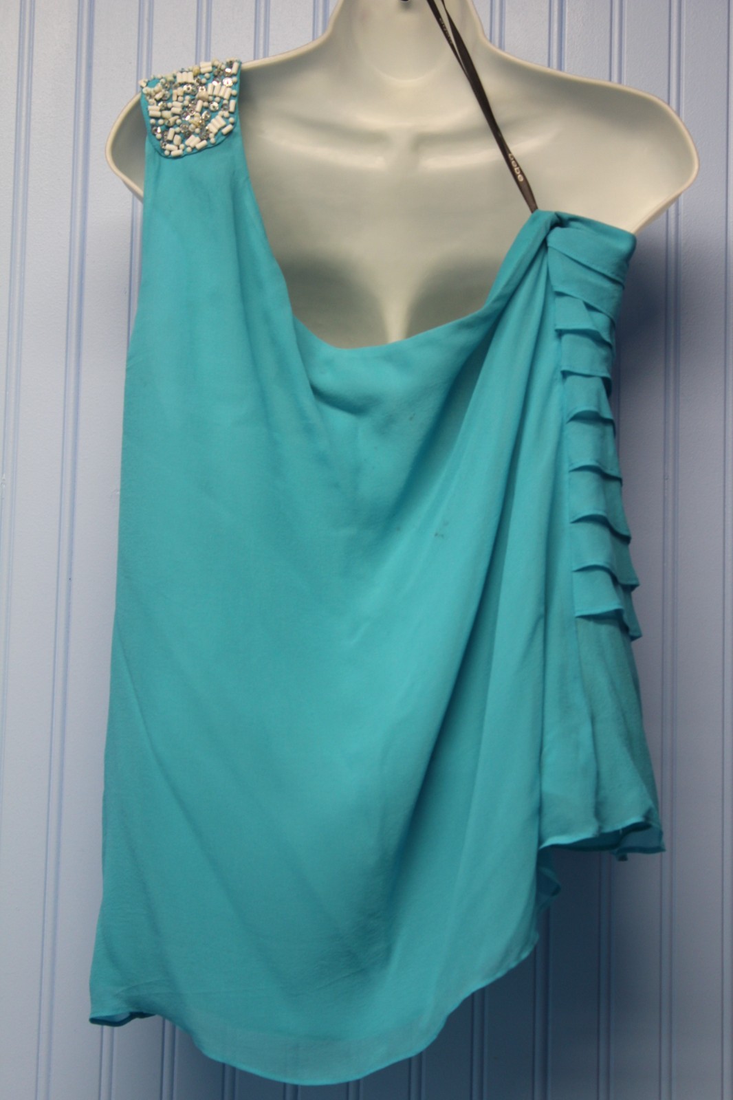 BEBE 100% silk teal one shoulder jewel lined top with layered ruffles Large
