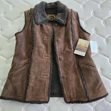 NWT Sz L Vintage FoxRun Leather Suede Faux Fur Womens Brown Coat Jacket Vest