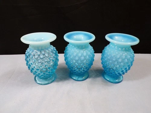 Lot of 3 Fenton Blue Opalescent Glass Hobnail Mini Miniature Vases w/ Flat Top