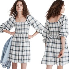 MADEWELL "Lucie" Cotton Elbow-Sleeve Smocked Mini Dress in Lebaum Plaid - Size S