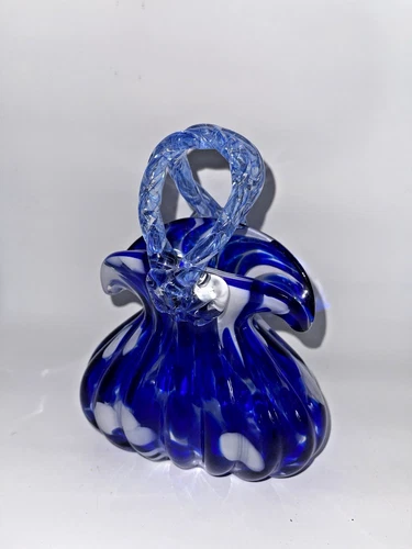Murano Style Handblown Art Glass Purse Vase Blue Swirl 7” Tall Vintage