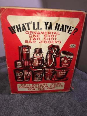 Vintage What'll Ya Have Ornamental Shot Glasses Redware Set 8 Bar Jigger ~rare~