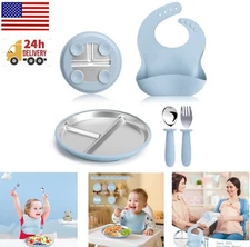 4-Piece Stainless Steel Kid's Plate & Cutlery Set with Suction Base, 304 Grade