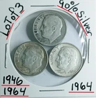 Lot of 3 Roosevelt Dimes 90% VG Condition 1946- 1964- 1964- Look@ & Judge GEM