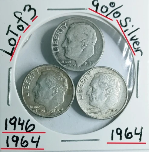 Lot of 3 Roosevelt Dimes 90% VG Condition 1946- 1964- 1964- Look@ & Judge GEM