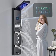 Image of Black LED Rainfall Shower Panel Column Tower Body Jets Mixer Tap Stainless Steel
