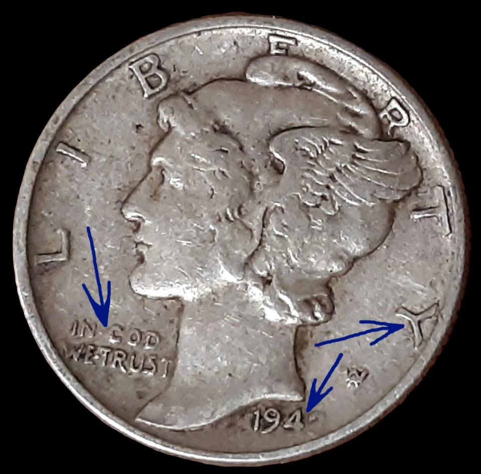 Erros de dez centavos de mercúrio 1942/41: chips LJBERTY-Die O & R-preenchidos na data, DEUS na Moto - Imagem 3 de 4