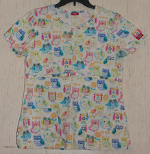 EXCELLENT WOMENS "hoot hoot" OWLS W/ FLORAL NOVELTY PRINT SCRUBS TOP SIZE S