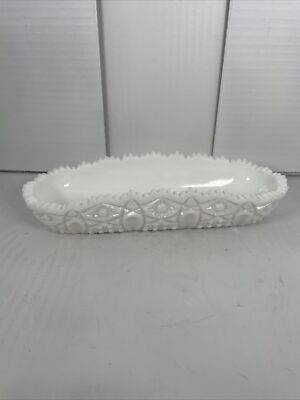 1960s LE Smith White Milk Glass Quintec Saw Tooth Rim Celery Dish Cottage Style