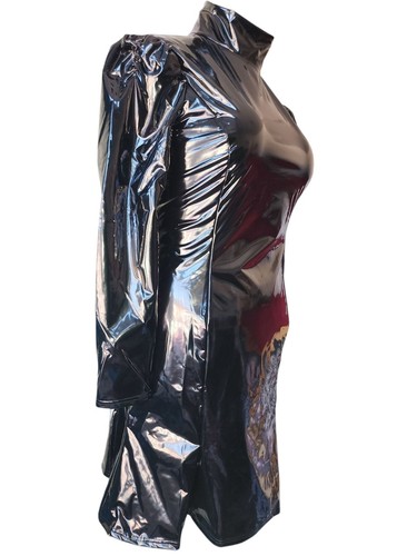 Black shiny faux leather PVC fish tail dress. 40"/42" bust. Size 14/16 UK New. - Picture 2 of 8