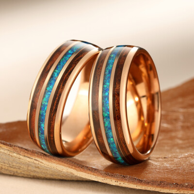 Opal and Hawaiian Koa Wood Ring Mens Wedding Band Metal