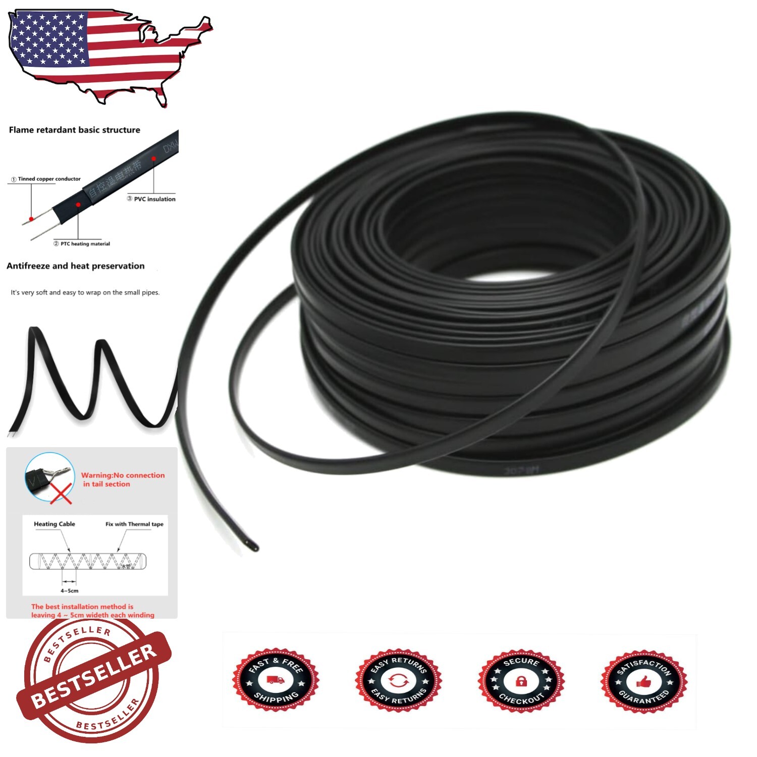 12V-14V Waterproof Heat Cable - 32.8ft Adjustable Pipe Heater for Winter Use