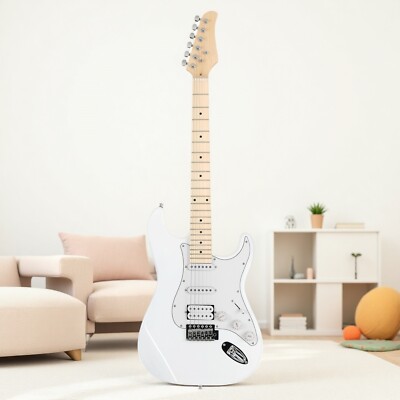 39'' Beginner S-Style Electric Guitar Set-Full Size HSS Pickups Amp Tremolo White