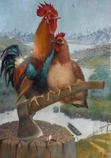 Fable Acrylic Painting Paper Rooster Hen Deep Landscape ALLEGORICAL Art Original