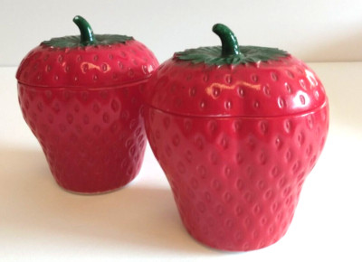 2 Vintage Hazel Atlas Painted Milk Glass Strawberry Jam Jelly Container 3.5 in